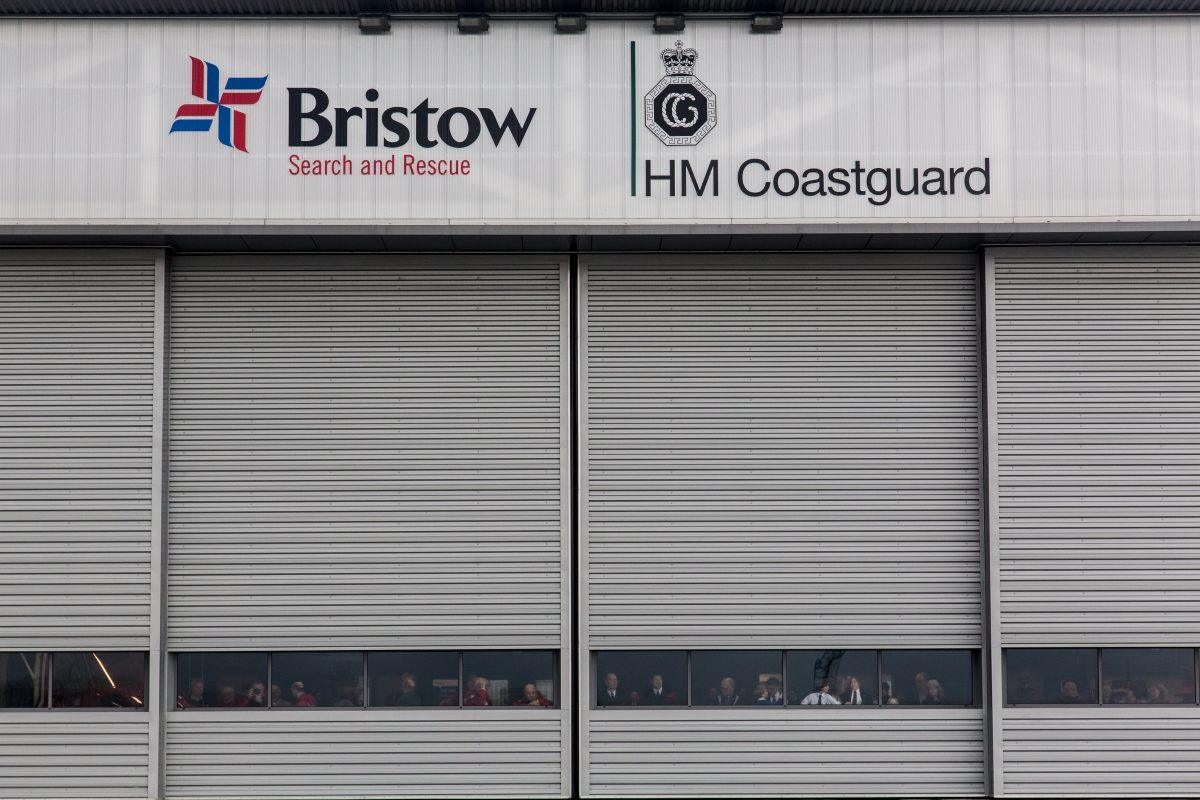 An aircraft hanger at Newquay Airport on the occasion of the launch of a new search and rescue helicopter.