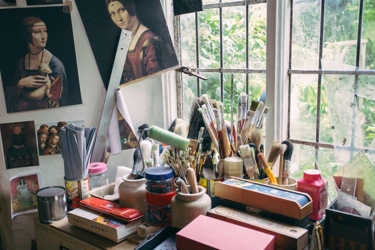 Detailed view of an artist studio at a home near Brixham, Devon.