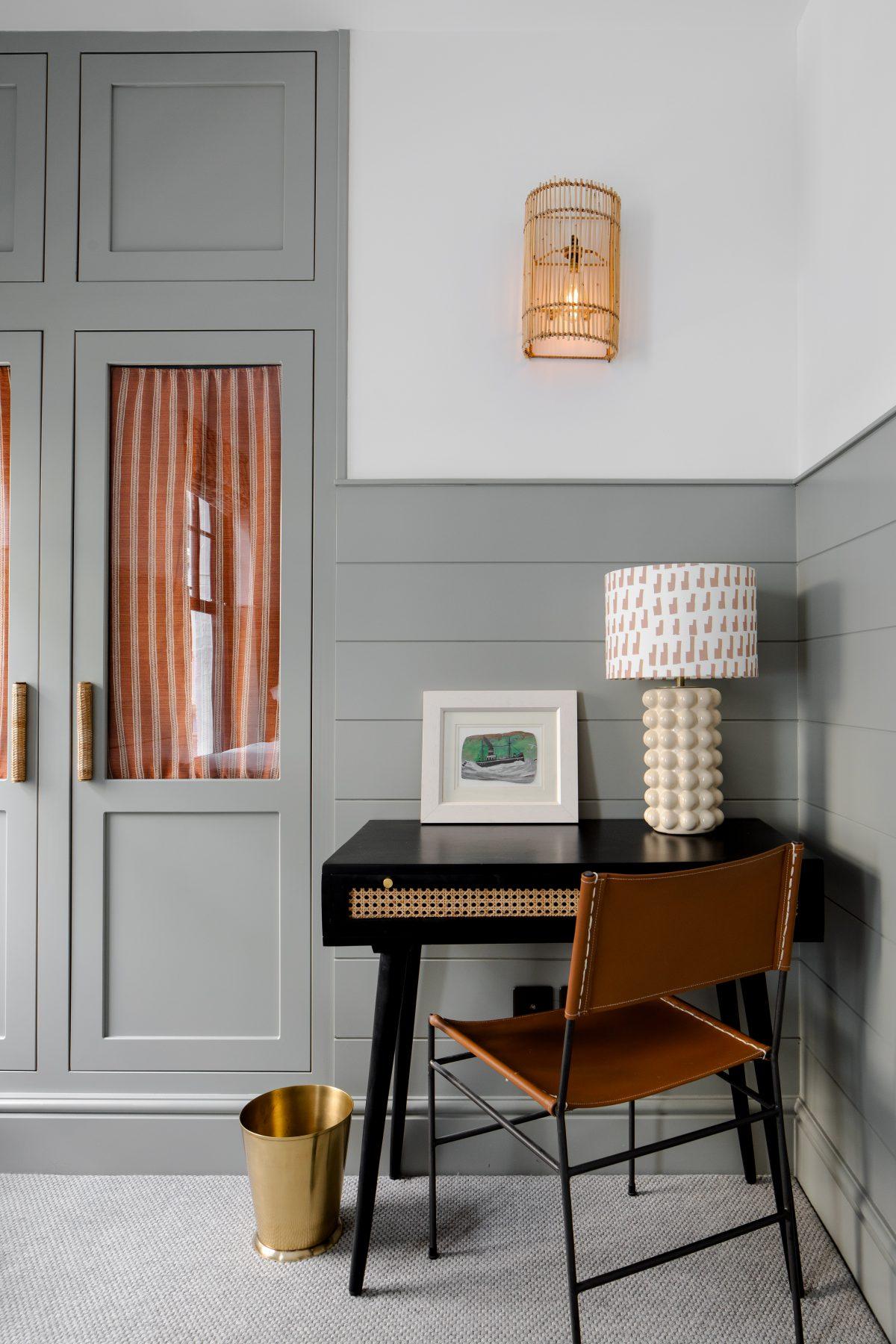 Detail of desk with built in cabinets. Shot on location in St Ives for interior design company.