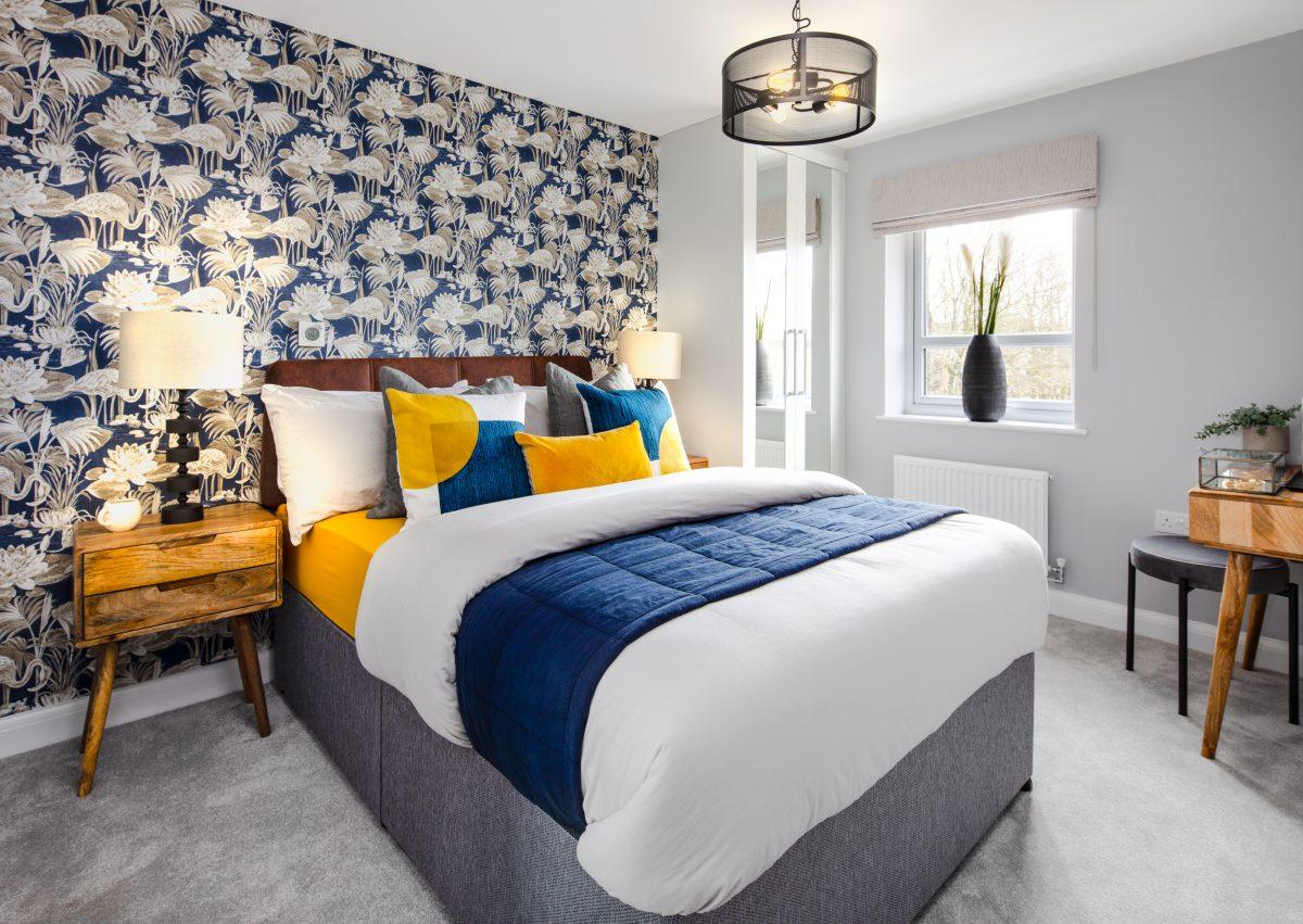 Wide shot of a bedroom in home on new housing development in Cornwall.