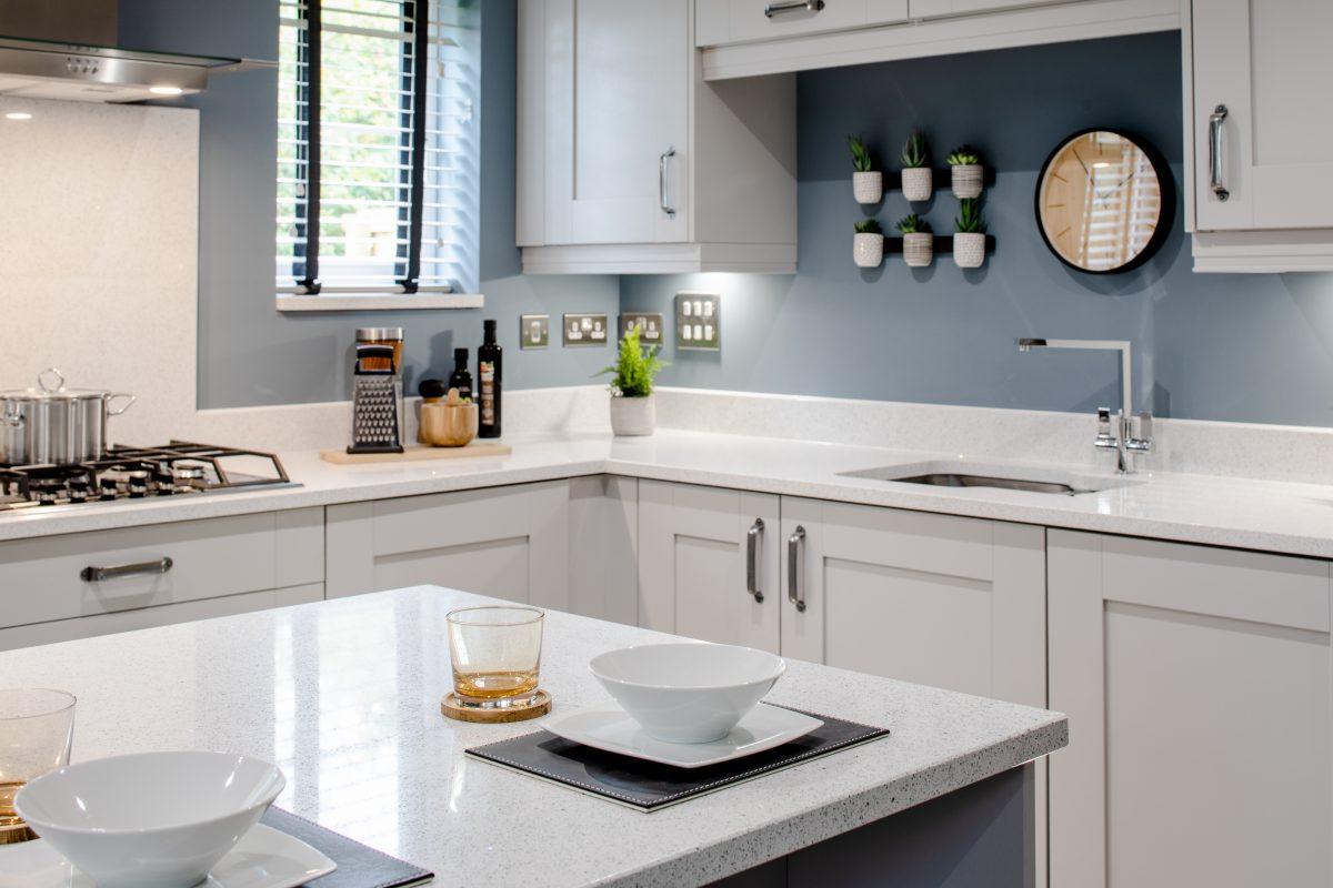 Detail of kitchen worktop of new home on development in Exeter.