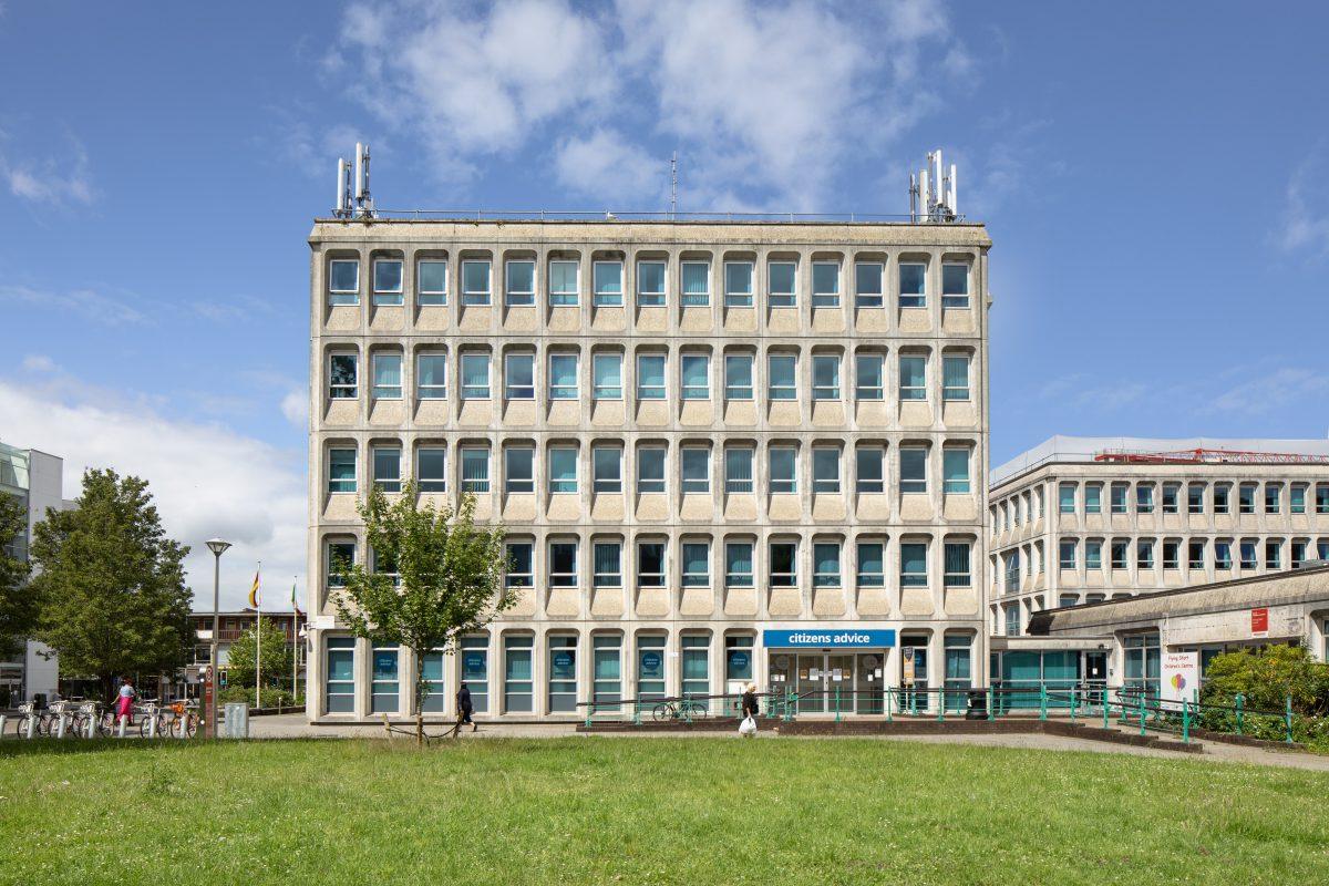 Example of brutalist architecture. The Civic Centre in central Exeter, Devon.