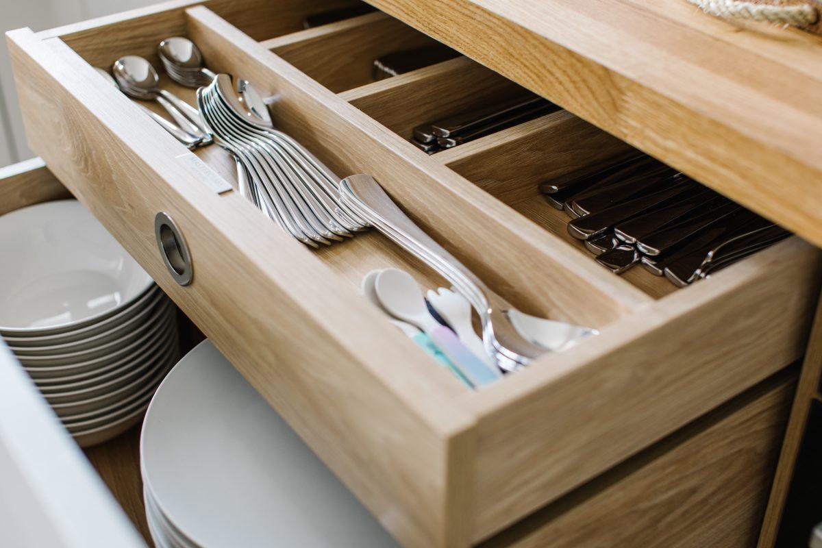 Detail of kitchen drawer in a holiday rental property in Salcombe, South Devon.