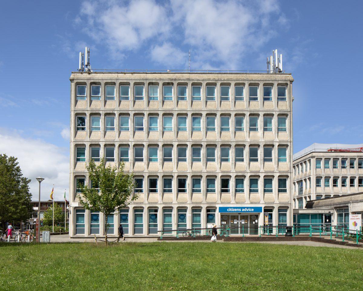 Example of brutalist architecture. The Civic Centre in central Exeter, Devon.