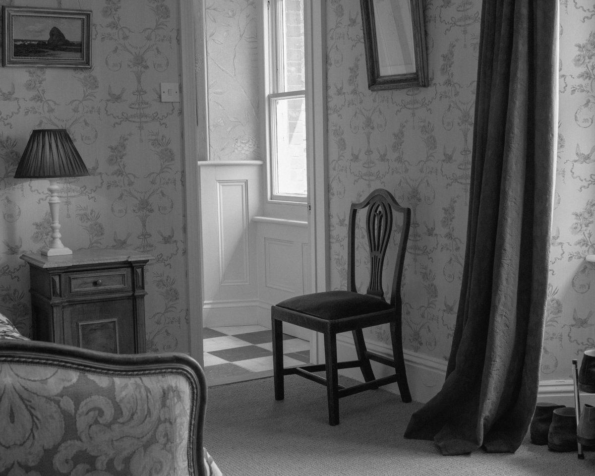 Black and white image of stylish interior in Dartmoor, Devon.