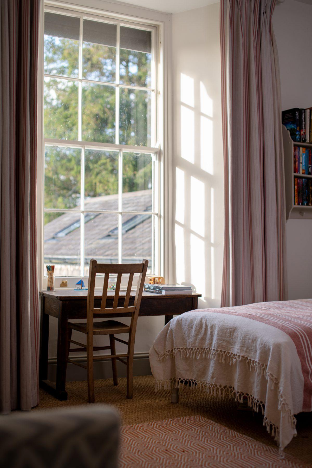 Interior, bedroom. Styled by designer and shot on location in Devon.