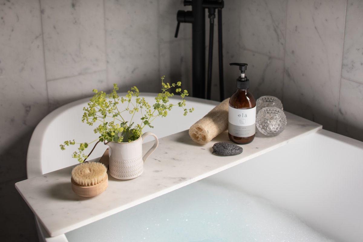 Corner of bath tub. Shot for luxury holiday rental company on location in Marazion, Cornwall