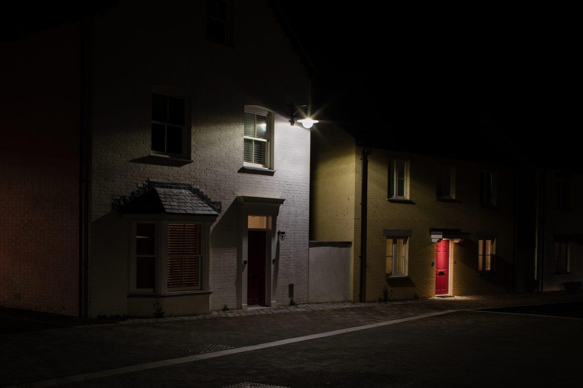 Night time image of Nansledan street showing doorway. Newquay, Cornwall.