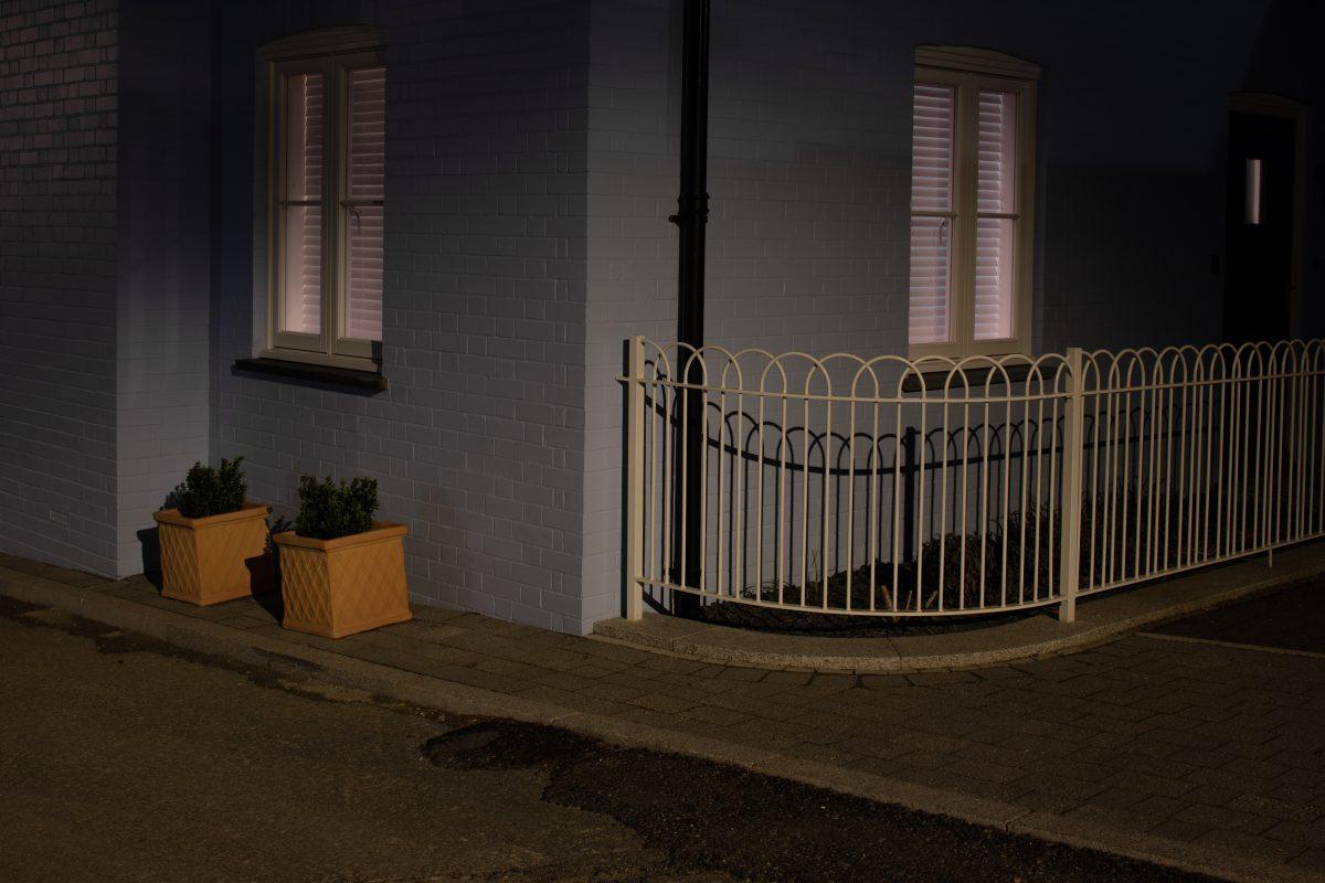 An evening photograph showing two planters outside of a house in Nansledan, Newquay, Cornwall.