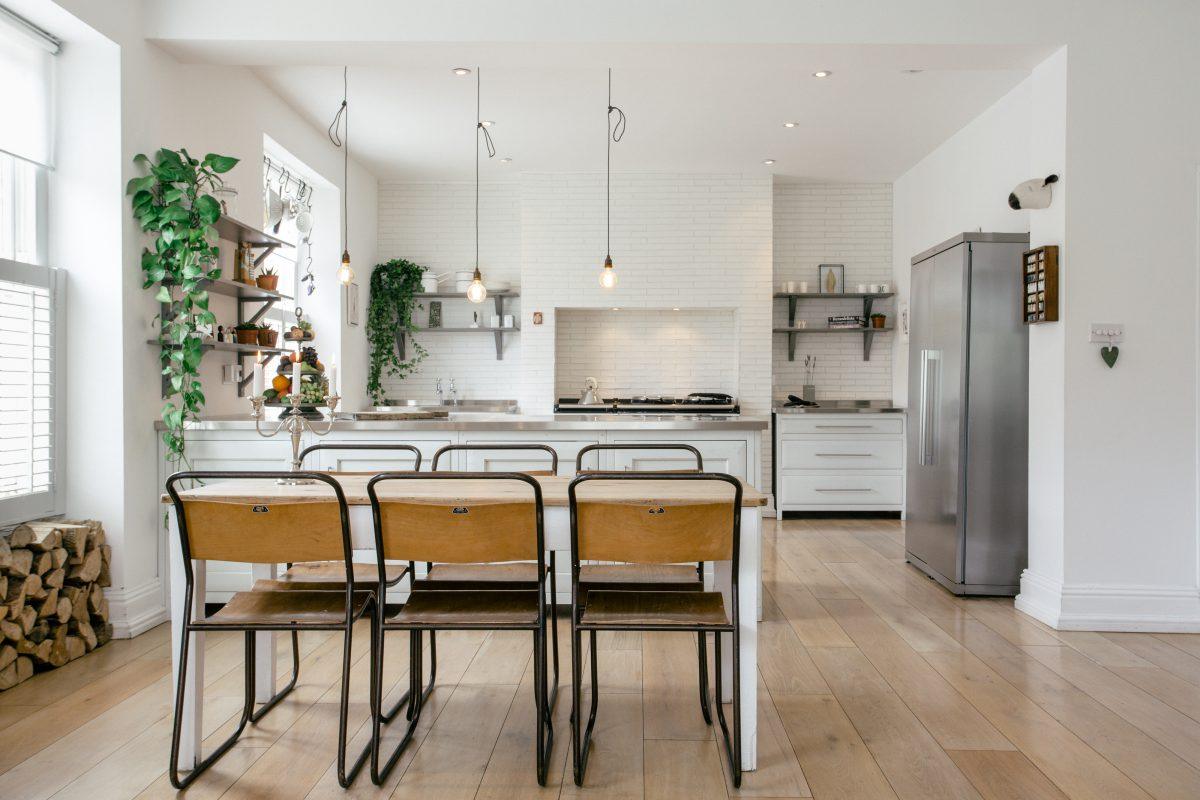 Interior photograph of an open plan kitchen dining room in Cornwall.