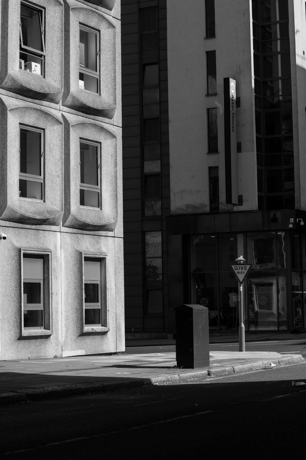 A detail of brutalist architecture in central Plymouth, Devon.