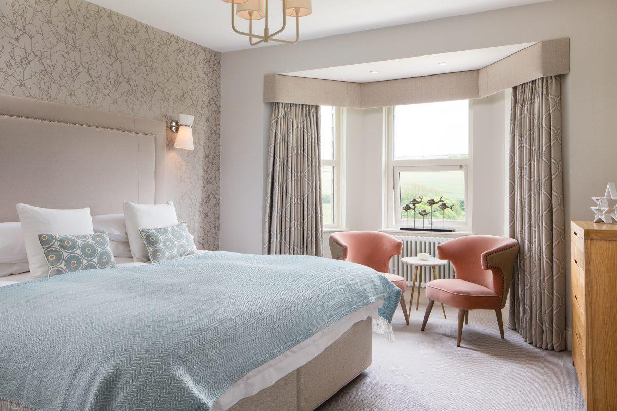 Image of stlyed bedroom. Shot for interior designer on location in South Hams, Devon.