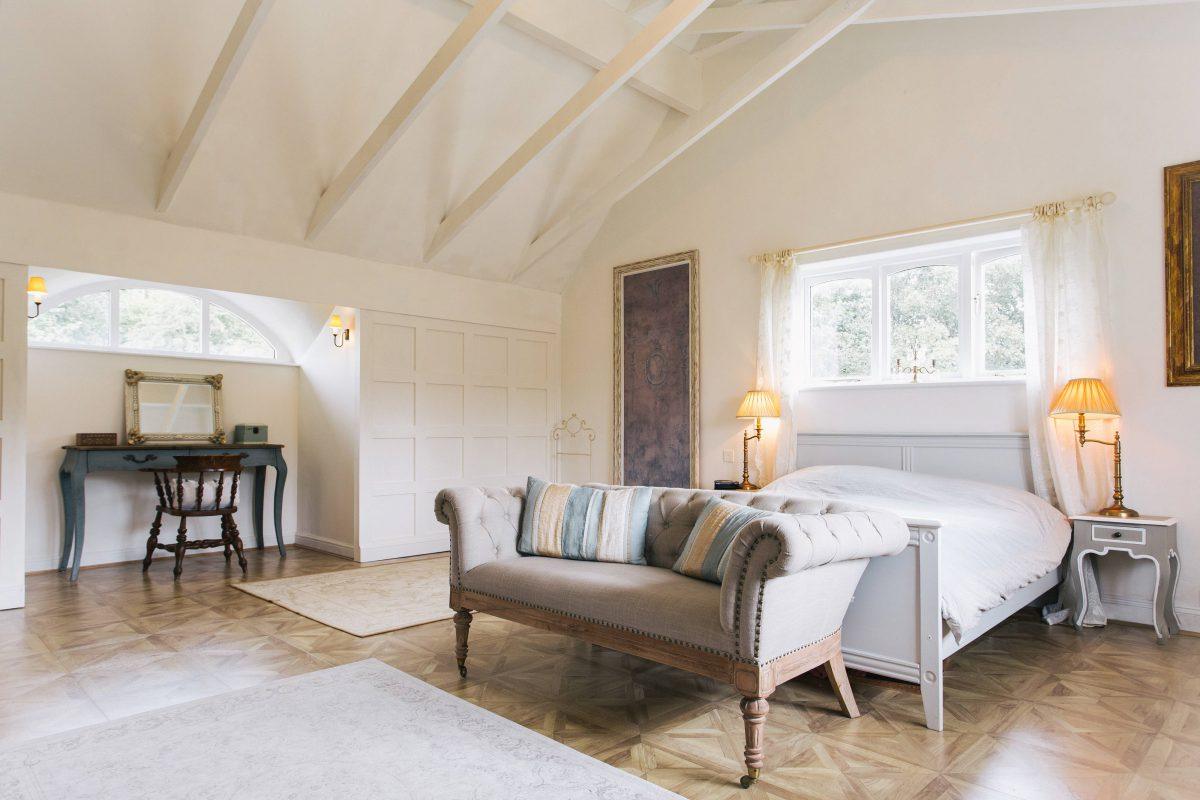 Spacious bedroom with vaulted ceiling. Property located on the edge of Dartmoor in Devon.