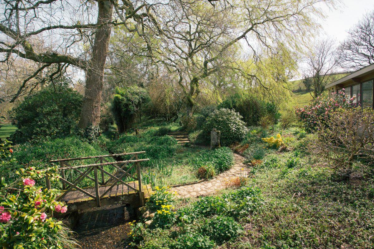 Garden with bridge, various trees and plants and path leading to conservatory of rural Devon home.