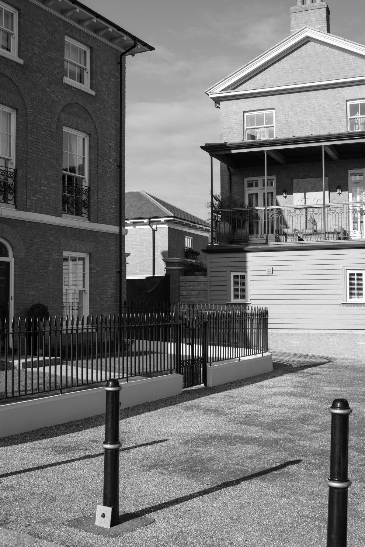 A street scene at Poundbury in Doset. Photographed in black and white.