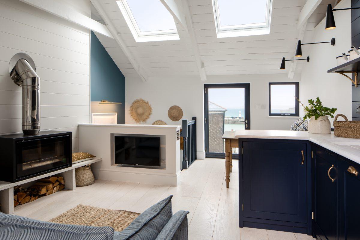 Photograph of open plan living room. Shot on location in St Ives for interior design company.