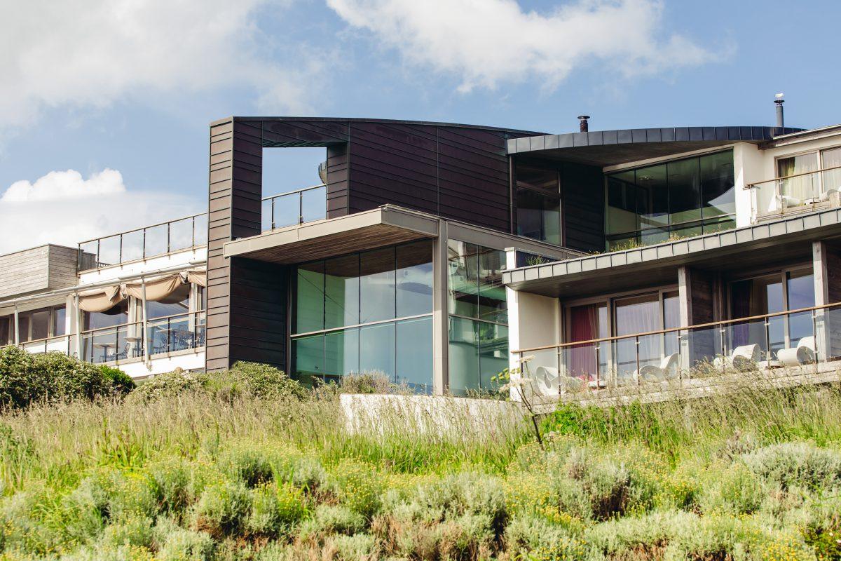 Modern architecture and gardens of The Scarlet Hotel, Mawgan Porth, Cornwall.