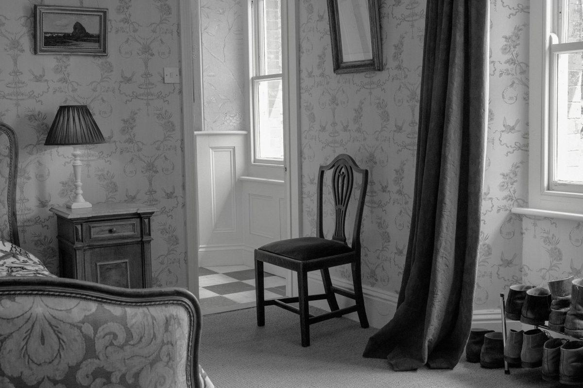 Black and white image of stylish interior in Dartmoor, Devon.